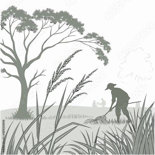 Farmer working in a field with tall grass and trees in a simple grayscale illustration style