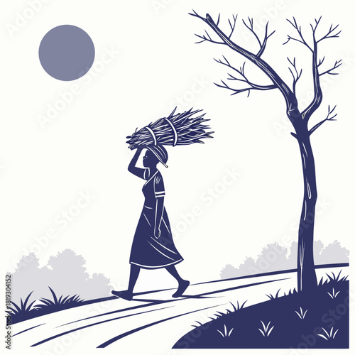 Silhouette of a woman carrying a large bundle of sticks on her head walking along a path under a large moon