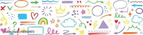 doodle, hand drawn, colorful, elements, symbols, arrows, speech bubble, stars, hearts, rainbow, crown, question mark, exclamation mark, circle, square, lines, waves, zigzags, sparkles, flower, cloud, 