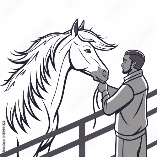 Man holding a horse by the reins in a stable with a fence and white background