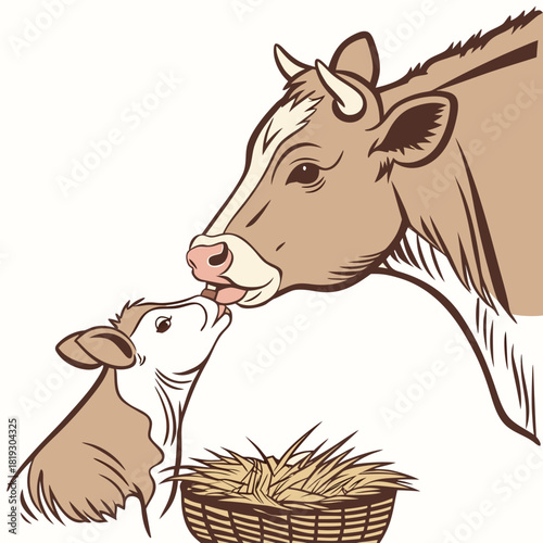 Mother cow lovingly licks her calf with a basket of hay in the foreground on a white background