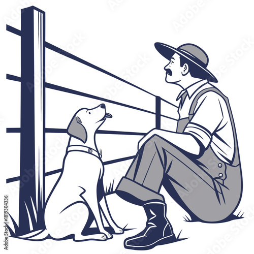 Farmer wearing overalls and hat sits by a fence with his loyal dog looking up attentively