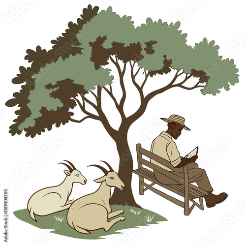 A man wearing a hat reads a book on a wooden bench under a large tree with two goats resting nearby on the grass