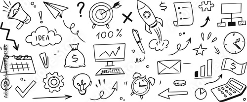 planning, graph, doodle, description:, vector, growth, success, illustration, they, airplane, idea-related, concepts., office, icons, [converted], hand-drawn, disorganized, arrow, simple, achievement,