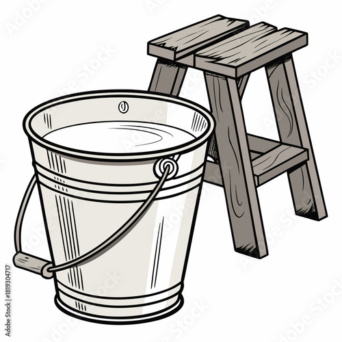 A metal bucket filled with water sits next to a wooden step stool on a white background