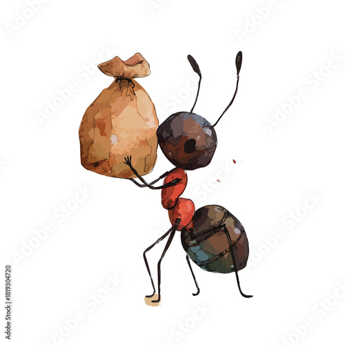Ant Carrying Heavy Bag Watercolor Illustration.