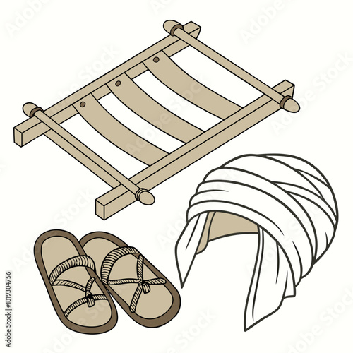 Simple wooden beach chair with fabric straps pair of sandals and a wrapped headscarf on white background