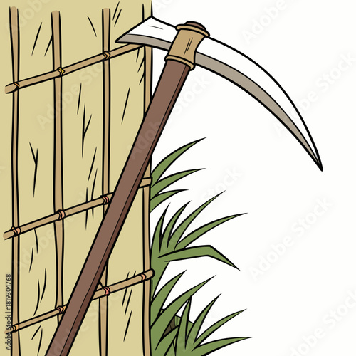A traditional japanese sickle leaning against a rustic bamboo fence with green grass in the foreground