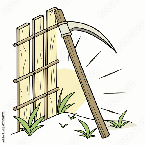 A traditional japanese kama sickle leans against a wooden fence with bamboo accents in a sunny garden setting