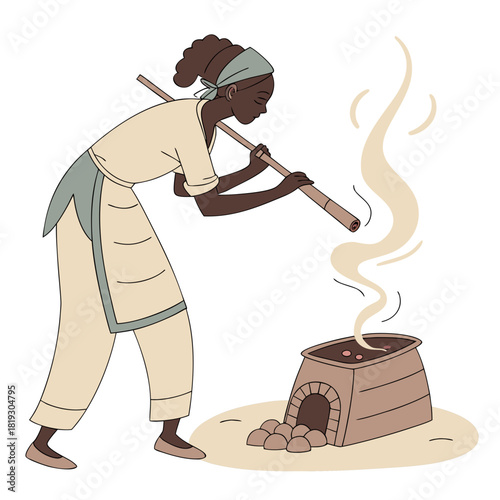 Woman using a long stick to tend to a traditional oven with smoke rising from it