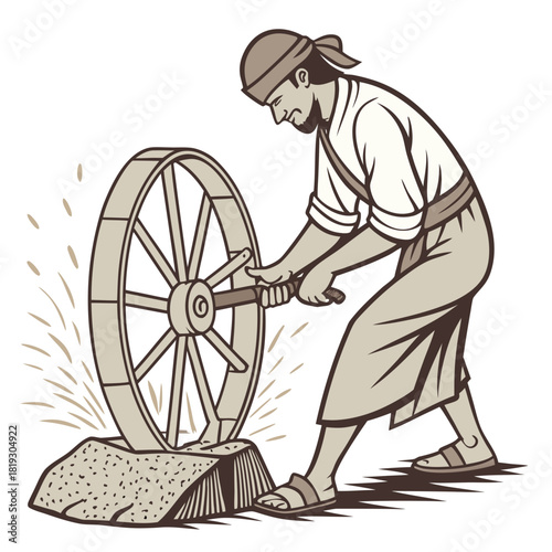 A man in traditional attire sharpens a tool on a grinding wheel powered by hand