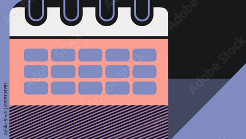 A flat, geometric vector illustration of a calendar featuring highlighted lavender dates on a salmon background with patterned accents.