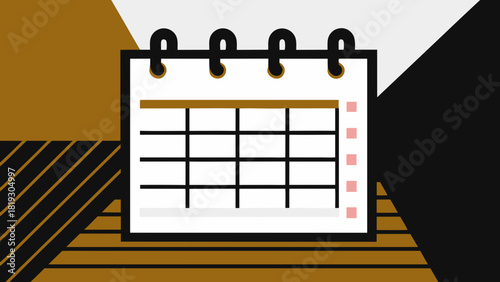 A flat, geometric illustration of a monthly calendar or planner grid with space for task checkboxes, set against a dark abstract background.