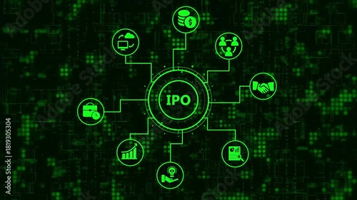 Initial public offering ipo concept with interconnected financial and business icons on a futuristic digital background, symbolizing growth, investment, and market strategy