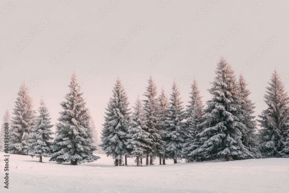 Naklejka premium Beautiful Christmas Tree in a Snowy Winter Setting, Festive Holiday Background with Cozy Seasonal Atmosphere