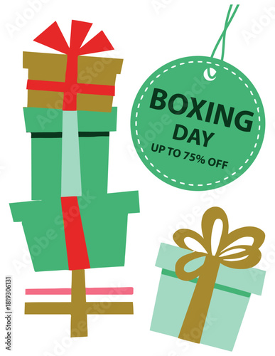 A stack of colorful gift boxes and a single gift box sit next to a green tag that reads "BOXING DAY UP TO 75% OFF" in a festive illustration.