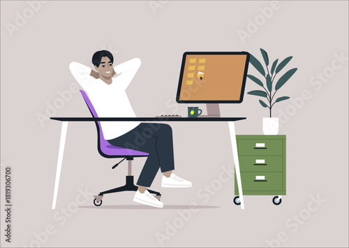 A relaxed professional sits at a desk in an office environment, hands behind head, taking a moment of peace while gazing at the computer screen with a calm demeanor