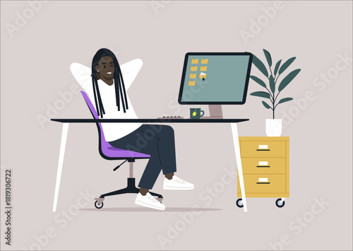 A relaxed professional sits at a desk in an office environment, hands behind head, taking a moment of peace while gazing at the computer screen with a calm demeanor