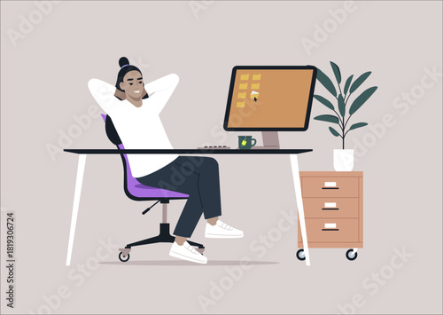 A relaxed professional sits at a desk in an office environment, hands behind head, taking a moment of peace while gazing at the computer screen with a calm demeanor