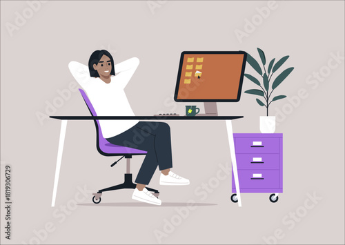 A relaxed professional sits at a desk in an office environment, hands behind head, taking a moment of peace while gazing at the computer screen with a calm demeanor