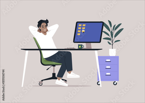 A relaxed professional sits at a desk in an office environment, hands behind head, taking a moment of peace while gazing at the computer screen with a calm demeanor