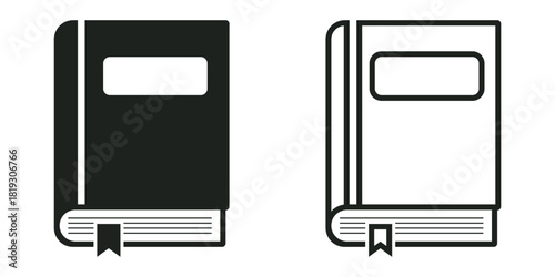 Book icon with solid and outline versions, featuring a bookmark and label area for education and learning concept