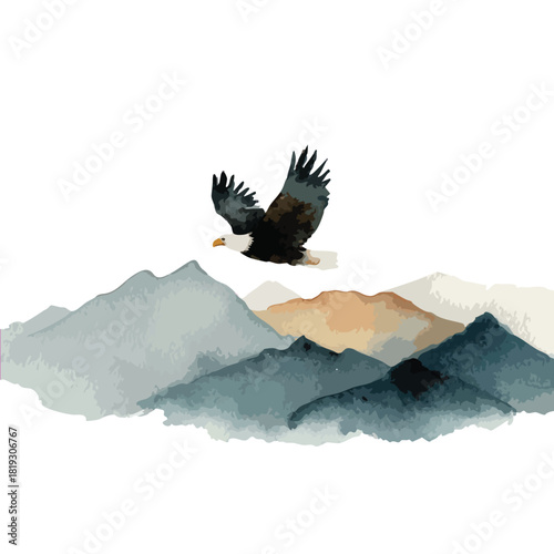 Bald Eagle Flying Over Watercolor Mountains Landscape.