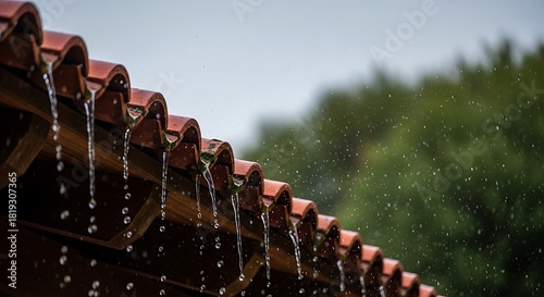 Diluvian downpour on terracotta roof tiles during a thunderstorm season
