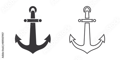 Two minimalist anchor icons, one solid black and one outline, symbolizing maritime navigation, stability, and nautical themes for design projects.