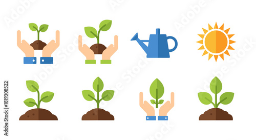 A collection of flat icons depicting the stages of plant growth, gardening, and environmental care.