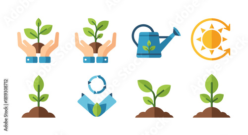 Illustrative set of icons depicting plant care, growth, and environmental sustainability concepts.