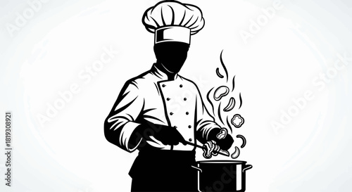 Silhouette of a chef cooking a dish in a pot with steam rising from the food