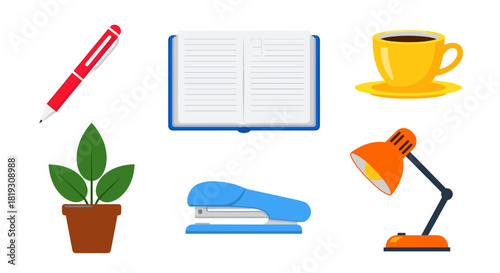 A collection of colorful flat design office supplies and desk accessories, including a pen, notebook, coffee cup, plant, stapler, and lamp.
