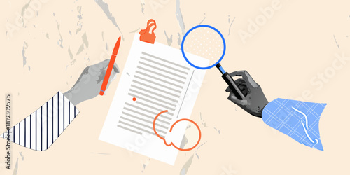 Reviewing a document with magnifying glass and pen for editing and analysis