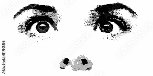 Monochrome halftone eye and nose detail with intense gaze