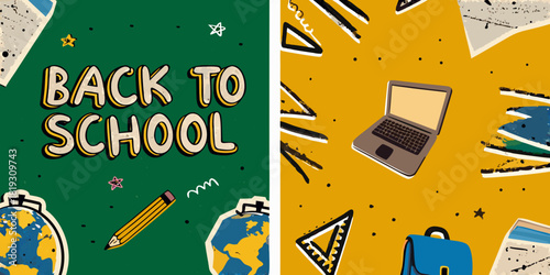 Colorful back to school illustration with school supplies and text