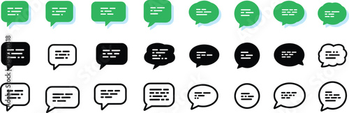 Collection of message bubble icons in green, black and outline styles, modern chat communication symbols for messaging apps and social media design