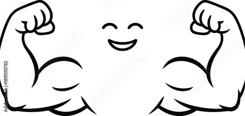 Cute smiling face flexing strong muscular arms, funny strength fitness cartoon illustration symbolizing power confidence motivation and positive energy