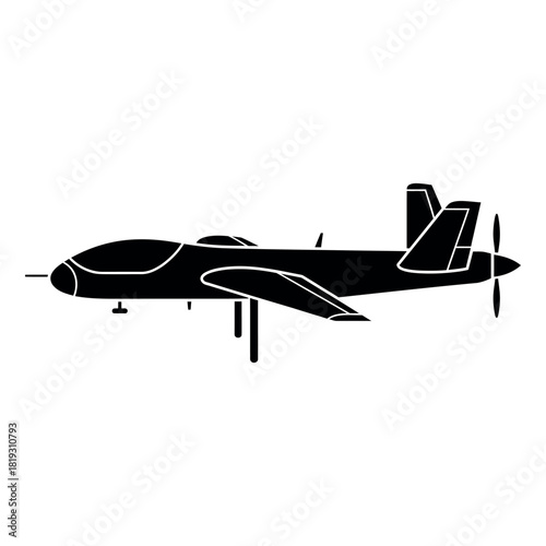 Black and white vector silhouette of the ch 4 drone viewed from the side isolated on white background