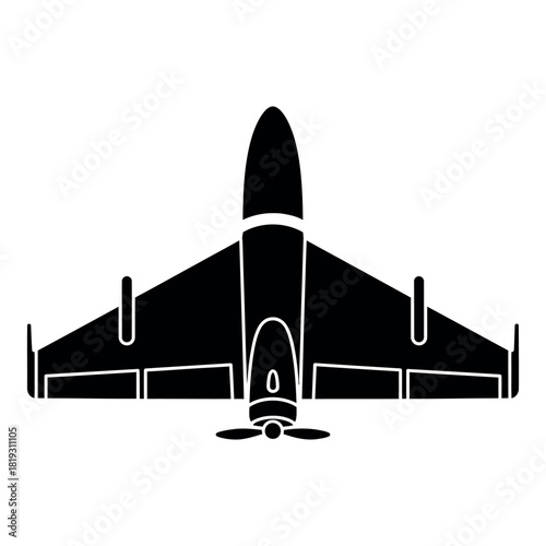 Black and white delta wing drone silhouette viewed from above isolated on white background