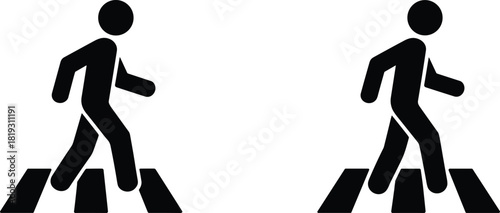 Minimal pedestrian crossing icon set showing walking person on zebra crosswalk, simple black silhouette traffic safety symbol for road signage design