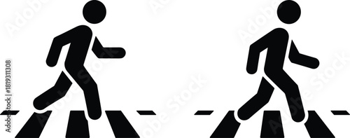 Minimal pedestrian crossing icon set showing walking person on zebra crosswalk, simple black silhouette traffic safety symbol for road signage design