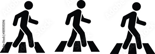Minimal pedestrian crossing icon set showing walking person on zebra crosswalk, simple black silhouette traffic safety symbol for road signage design