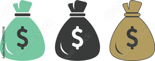 Three money bag icons with dollar symbols in yellow, black and outline style, financial savings budget wealth investment illustration set