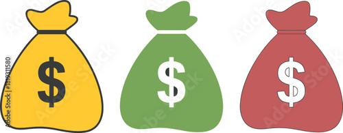 Three money bag icons with dollar symbols in yellow, black and outline style, financial savings budget wealth investment illustration set