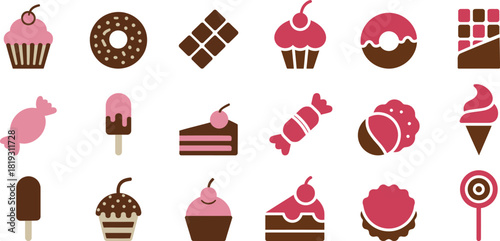 Assorted sweet treats icons pink brown chocolate cake donut
