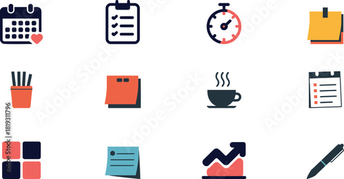Business icons calendar checklist stopwatch coffee graph pen