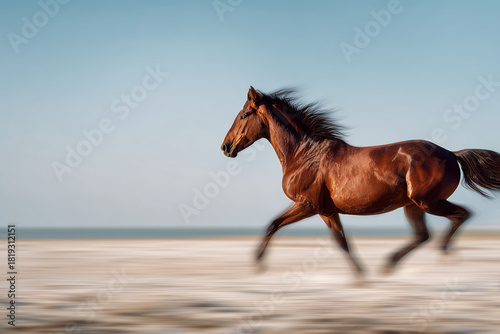 Chestnut Horse Galloping Along a Sunlit Beach with Flowing Mane and Dynamic Motion - Freedom, Speed and Grace Against a Clear Blue Horizon