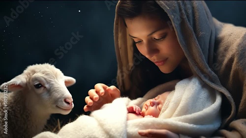 Christmas. The Virgin Mary with the newborn Jesus Christ in a manger in a cave with a lamb. The nativity scene. Christian religious video, background