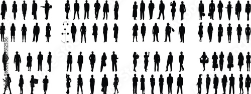 Large set of black vector silhouettes of diverse business people and walking pedestrians for architectural diagrams and urban scene design.